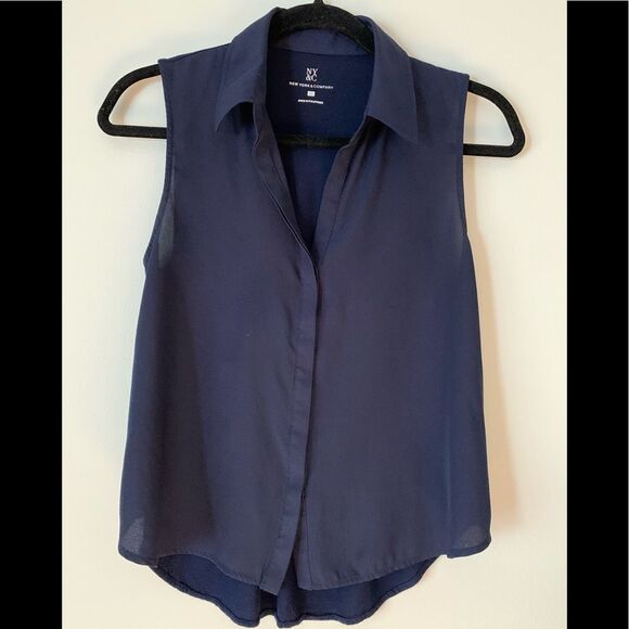 NY & Co  dark blue sleeveless sheer blouse, great condition, collar, XS - Picture 1 of 8